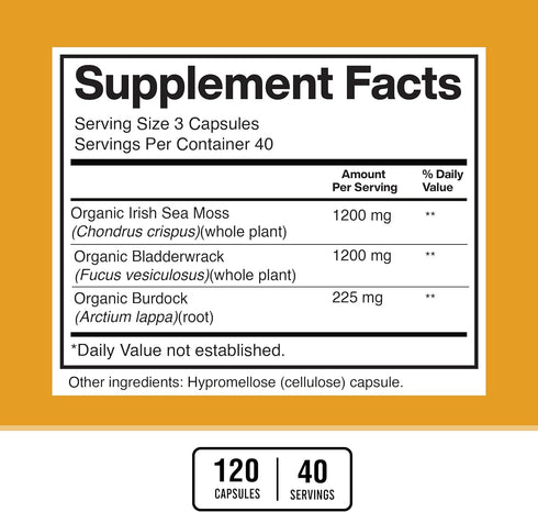 American Standard Supplements Organic Sea Moss, Bladderwrack & Burdock Root Capsules, 1200mg, 120 Capsules