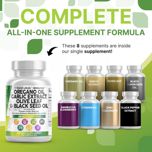 Immune D3 2Pack Clean Nutraceuticals Oregano Oil Garlic Extract Olive Leaf Black Seed Oil - Support & Digestive Health