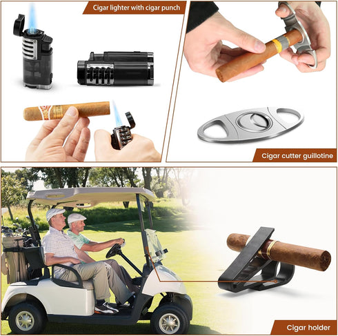 Flauno Travel Cigar Humidor - Portable Cigar Case Kit with Lighter (Without Gas), Cutter, Holder, Humidifier & Dropper,