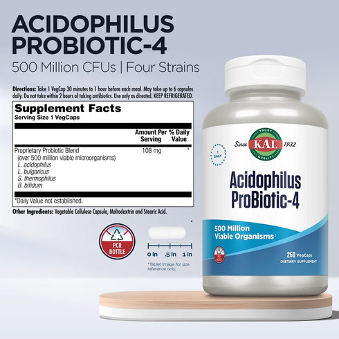 KAL Acidophilus ProBiotic-4, 500 Million CFUs, Four Probiotic Strains, 250 VegCaps