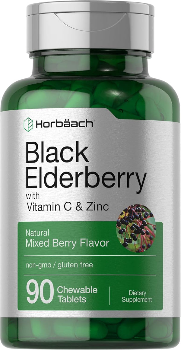 Horbaach Sambucus Elderberry, Vitamin C & Zinc Chewable Tablets, 90 Count, Vegetarian & Gluten Free Immune Support