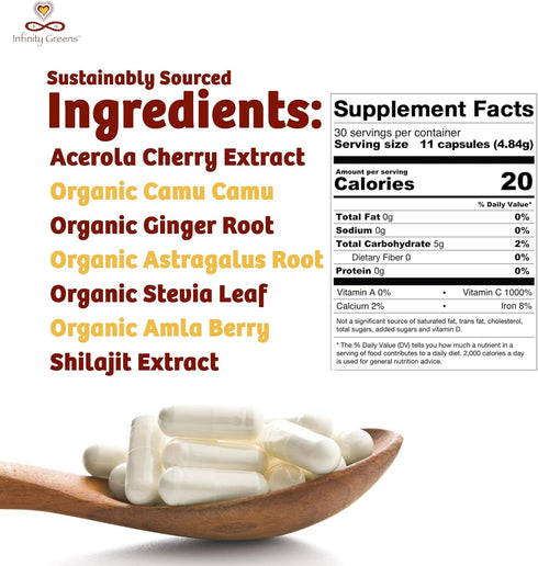 Infinity-C Organic Vitamin C Capsules | Whole Food 1000mg Vit C from Acerola, Camu Camu & Amla | Immune Support