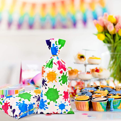 100 Pcs Colorful Paint Splatter Print Artist Treat Bags - Cellophane Candy Bags for Art Party Favors