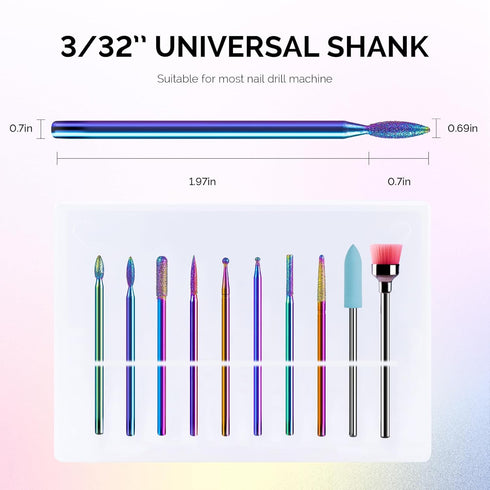 MelodySusie Nail Drill Kit, 10pcs 3/32 Inch Diamond Cuticle Bits, Manicure Pedicure Tools, Rainbow