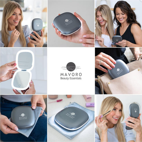 Mavoro LED Lighted Travel Makeup Mirror, Rechargeable, 1x/10x Magnification, Pocket or Purse Mirror, Touch Sensor