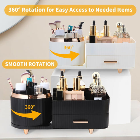 Makeup Organizer Countertop, 360 Rotating Brush Holder with Drawers, Large Capacity Skincare Organizer, Black