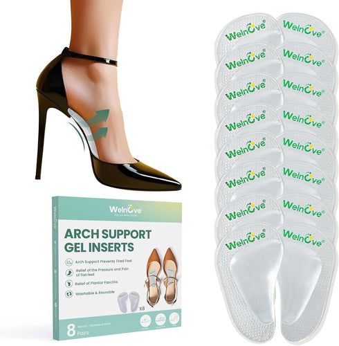 Welnove Arch Support Inserts - 8-Pair Gel Insoles for Plantar Fasciitis, Foot Pain Relief, Men Women