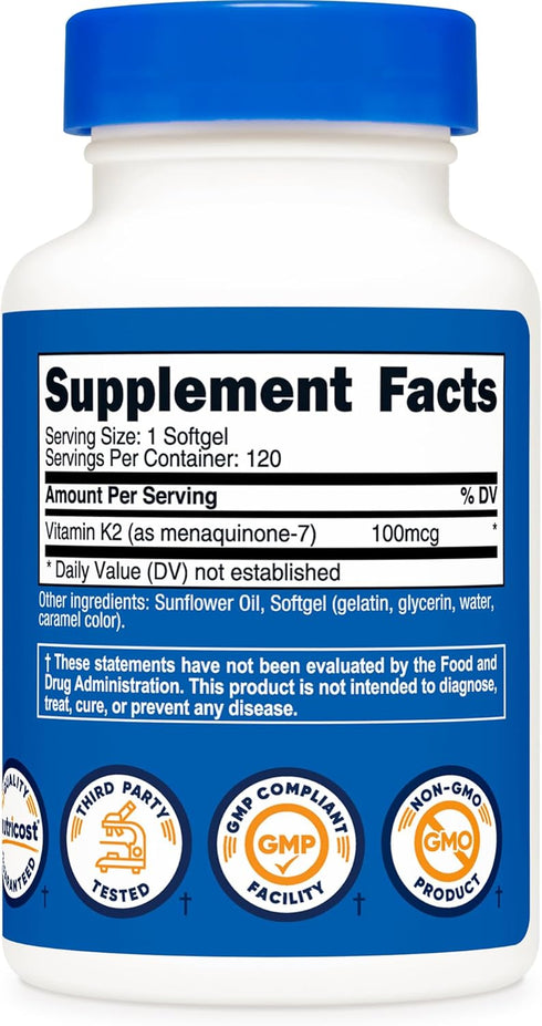 K2 MK-7 (100 120 Nutricost Vitamin Supplement mcg) Softgels - GMO-Free
