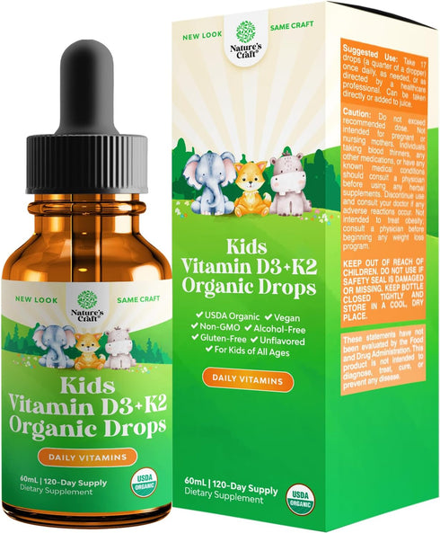Liquid Vitamin D3 Drops for Kids - Organic Vitamin D with K2 for Immune Support - Vegan Vitamin D Drops for Infants,