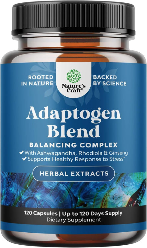 Herbal Adaptogen Mood Support Supplement - Stress & Cortisol Management with Ashwagandha & Rhodiola, 120ct