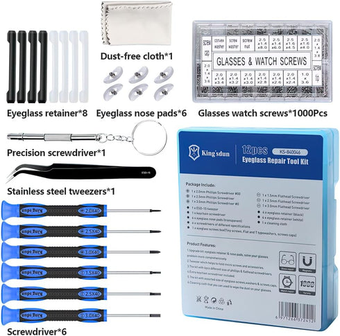 Upgraded Eyeglass Repair Kit with Precision Screwdriver Set, Various Screws, Nose Pads, and Tweezers