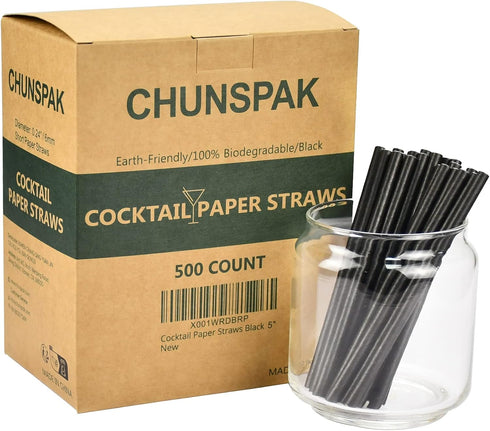 Paper Cocktail Straws 5 inch - 500 ct. Biodegradable Small Black Drinking Straws for Restaurant, Bar, Food Services