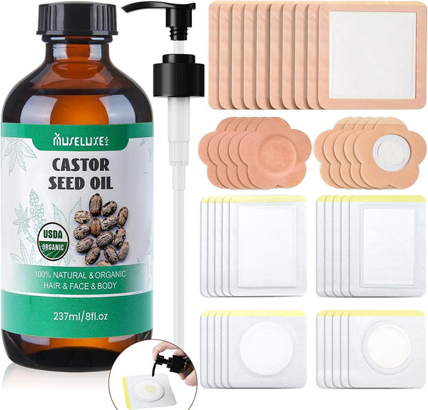 MuseLuxe 40 Pcs Castor Oil Patches with Castor Oil Organic Cold Pressed Unrefined