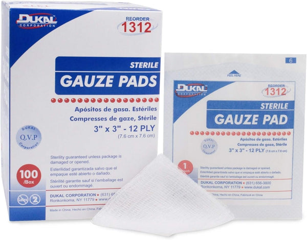 Dukal Sterile Gauze Pads, 100% Woven Cotton, 3" x 3", 12-Ply Pad, Box of 100