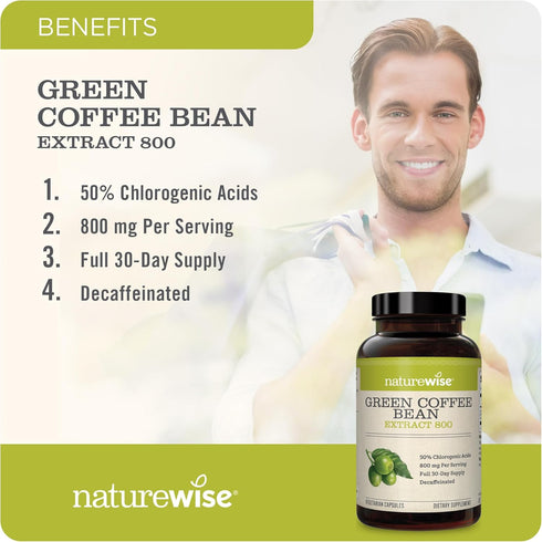 NatureWise Green Coffee Bean Extract - Pure 800mg Capsules with 50% Chlorogenic Acid for Weight Goals, Energy,