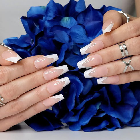 Hypnaughty 24 Pcs Modern White French Coffin Press On Nails with Design, Glue, Medium Long, Nude Color
