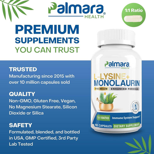 L-Lysine + Monolaurin 600mg 1:1 Ratio, 100 Capsules, 1 Pack
