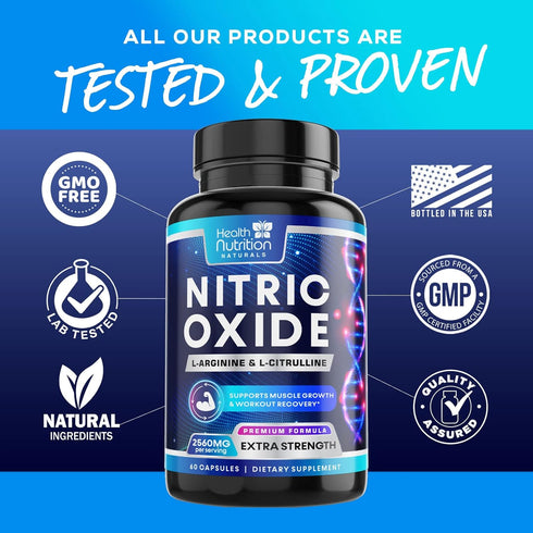 Extra Strength Nitric Oxide Supplement, L Arginine 3X Strength, 60 Capsules for Energy & Strength