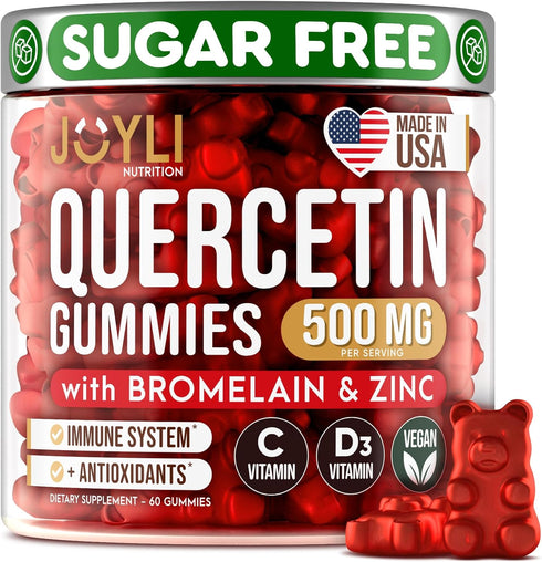 JOYLI Quercetin Gummies with Bromelain, Zinc, Vitamin C & D3, 500MG Quercetin Supplement for Immune System, 60 Chewable