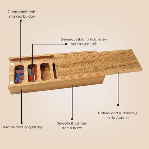 7 Day Weekly Pill Box – Natural Acacia Wood Pill Organizer for Daily Supplements, Vitamins – Pill Container