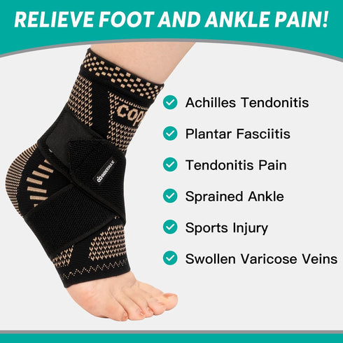 INDEEMAX Ankle Brace for Women & Men, Copper Infused Compression Sleeve for Sprained Ankle, Plantar Fasciitis Pain