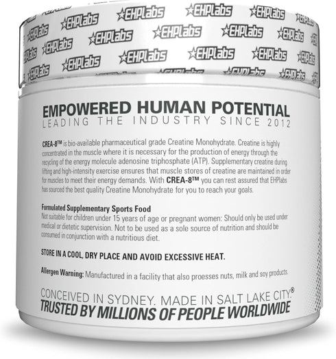 EHP Labs CREA-8 Creatine Monohydrate Powder - Unflavored Supplement for Muscle Growth, 100 Servings (500g)