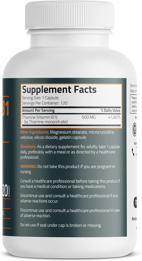 Bronson Vitamin B1 Extra Strength 500 MG High Potency Non-GMO, 120 Capsules