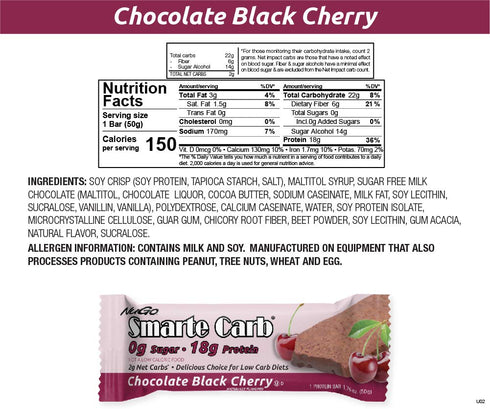 NuGo Smarte Carb Chocolate Black Cherry - 18g Protein, 0g Sugar, 2g Net Carbs, 150 Calorie, 12 Count