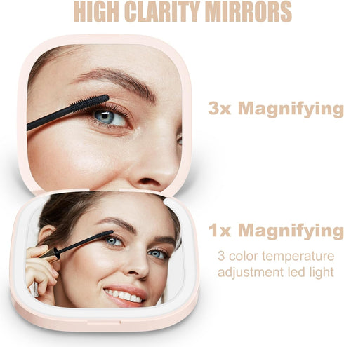 MY BEAUTY LIGHT Compact Mirror, Lighted 1X/3X Magnifying Travel Makeup Mirror, USB Charging (Pink)