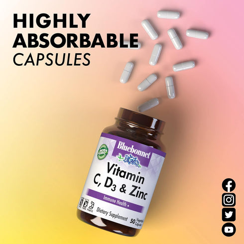 Bluebonnet Nutrition Vitamin C, D3 & Zinc, for Immune Health and Respiratory Function*, 100 Vegetable Capsules, 100