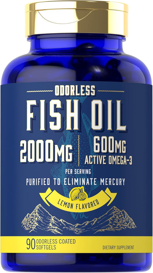 Carlyle Fish Oil 2000mg - 600mg Omega 3 with EPA & DHA, 90 Odorless Softgels, Lemon Flavored Supplement, Non-GMO &