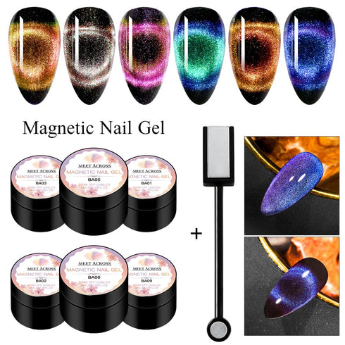 MEET ACROSS 9D Cat Eye Gel Nail Polish Set - Chameleon Magnetic Gel Soak Off UV LED 7 Color Gel with Brush