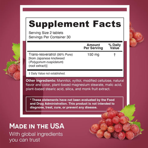 EZ Melts Dissolvable Resveratrol Supplement, 150 mg, Sugar-Free, 1-Month Supply