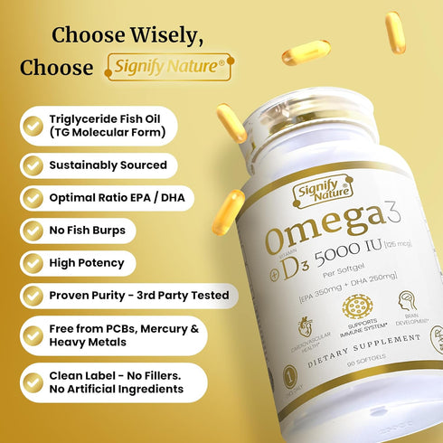 Omega 3 Fish Oil Supplement with Vitamin D3 5000 IU - 1000mg Triglyceride Capsules for Brain Health - VIT D3 & Omega 3