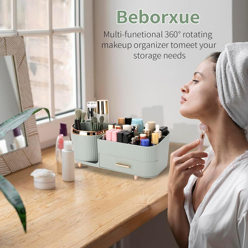 Makeup Organizer for Vanity, Cosmetic Display Case with Drawers for Makeup, Skincare, Brushes, and Accessories (Green)