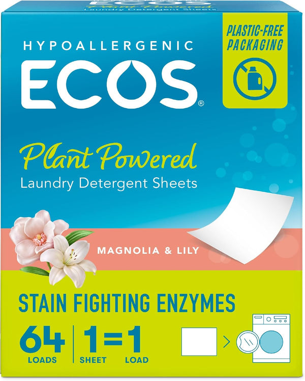 ECOS Laundry Detergent Sheets, Vegan, No Plastic Jug, Liquid Free, Hypoallergenic, Magnolia & Lily, 64 Sheets