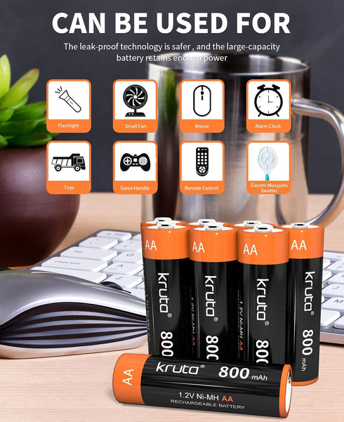Kruta NiMH Rechargeable AA Batteries, 1.2V 800mAh Rechargeable AA Solar Batteries for Outdoor Solar Lights and Household Devices, Pre-Charged (AA Pack 8)