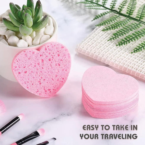 60-Count Compressed Facial Sponges, 100% Natural Cosmetic Spa Sponges for Cleansing, Exfoliating Mask (Pink Heart)