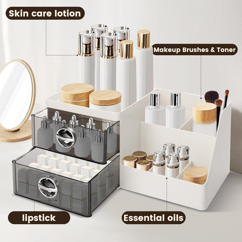 Makeup Organizer with Clear Drawers, Large Capacity Plastic Skincare Organizer for Vanity and Countertop, Gray Drawer
