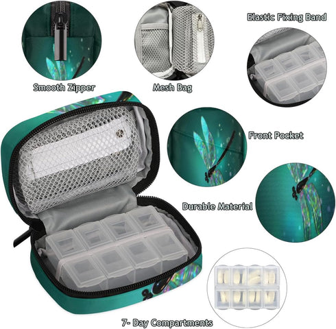 Honeybaby Shine Dragonfly Pill Case Bag Portable Weekly Pill Organizer Travel Pill Organizer Case Bag with Zipper