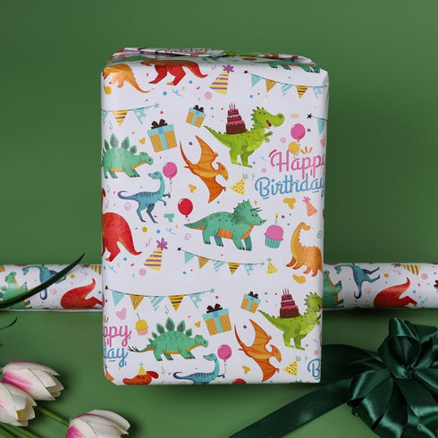 Wrap,17 inch 120 inch RayofSun Gift Wrapping Paper Roll,Cute Dinosaurs Happy Birthday Wrapping Paper for Boys,Wrapping