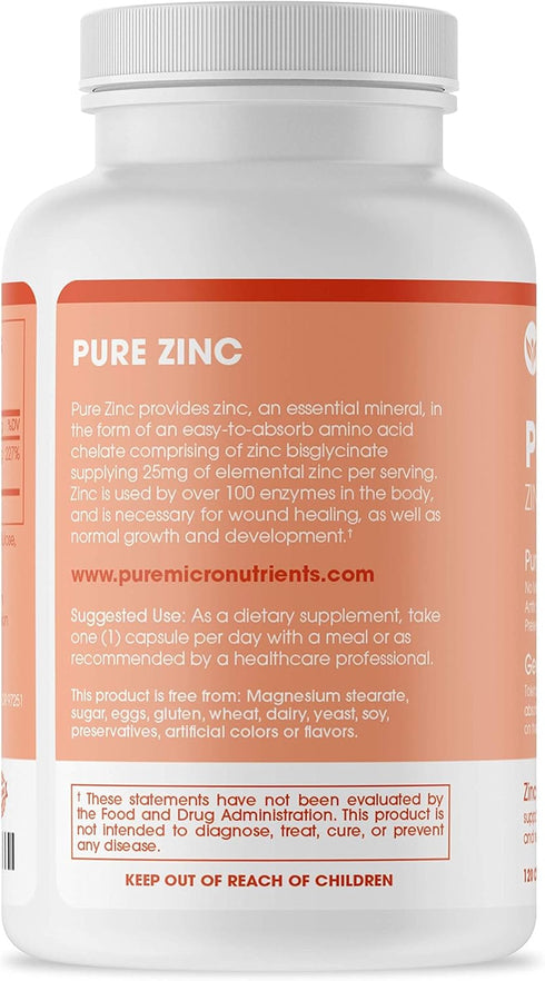 Pure Zinc Supplement, Natural Zinc Glycinate 25mg, 120 Capsules - Pure Micronutrients