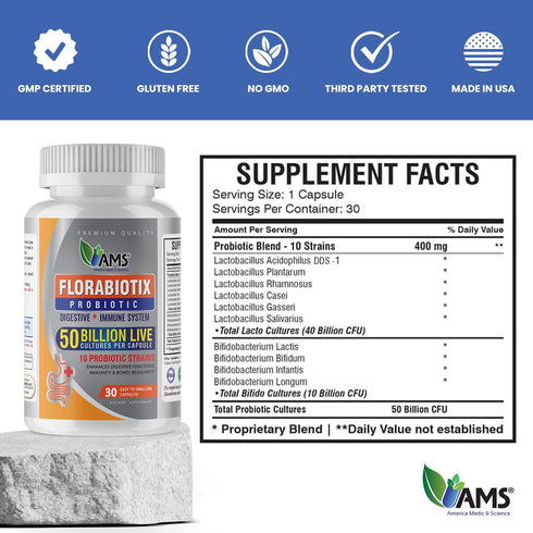 America Medic & Science Florabiotix Probiotic, 30 Capsules, Dietary Supplement for Digestive and Immune Health