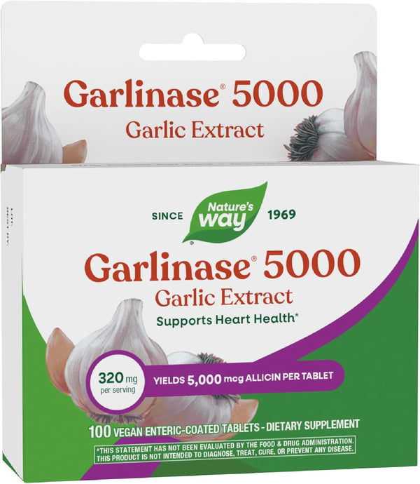 Nature's Way Garlinase 5000, Garlic Extract, Supports Heart Health*, Odor-Free, Vegan, 100 Tablets (Packaging