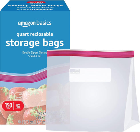 Amazon Basics Quart Food Storage Bags, Stand & Fill, 150 Count Pack