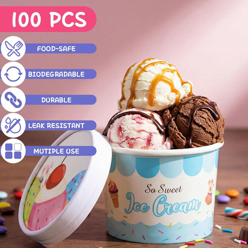Jingmore 100 12oz Frozen Frozen Pcs Paper Ice Cream Cups with Lids, Disposable Sundae Dessert Bowls, Yogurt Containers