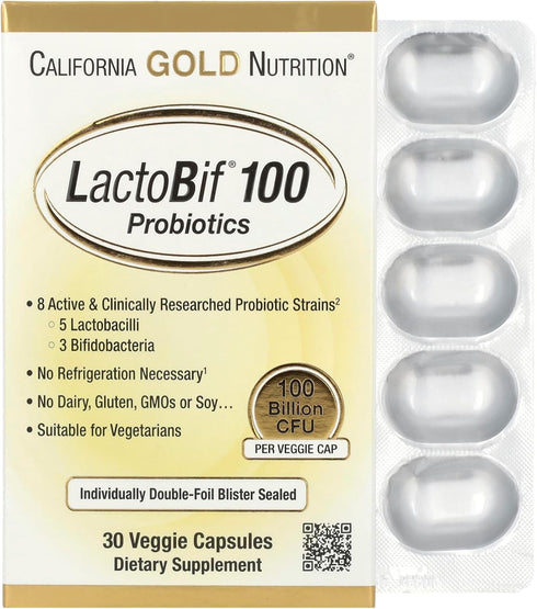 LactoBif Probiotics, 100 Billion CFU, 8 Active Probiotic Strains, Soy-Free, Vegetarian, Individually Sealed, 30 Veggie