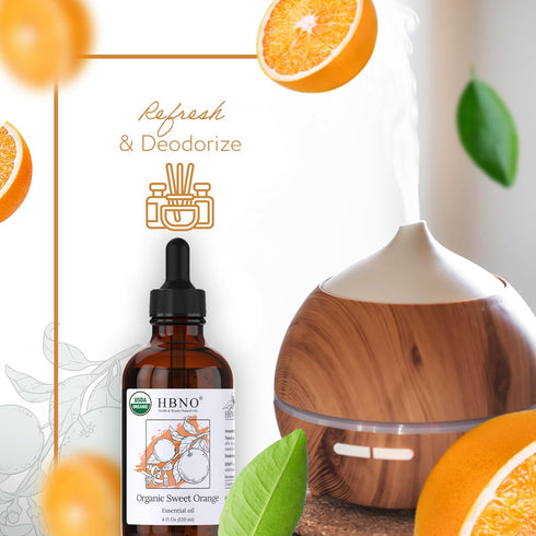 HBNO Organic Orange Essential Oil - Huge 4 oz (120ml) Value Size, USDA Certified Organic for Aromatherapy