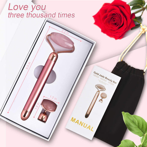 Upgrade 2 in 1 Vibrating Jade Facial Massager Roller, Electric Rose Quartz Eye Face Roller for Anti-Aging and Glowing