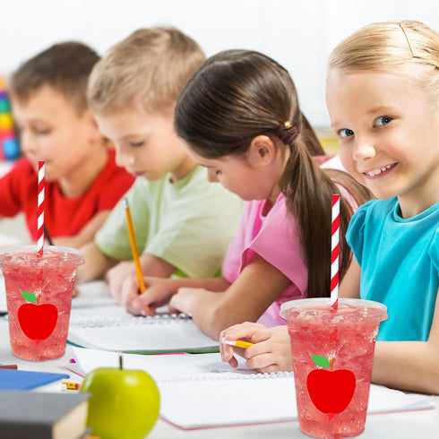 Whaline 50Pcs Back to School Apple Disposable Plastic Cups, 12oz Red Apple Cold Beverage Drinking Cups with Lids and